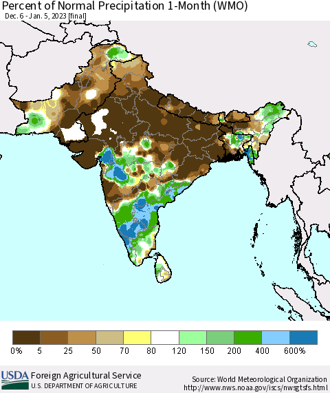Southern Asia Percent of Normal Precipitation 1-Month (WMO) Thematic Map For 12/6/2022 - 1/5/2023