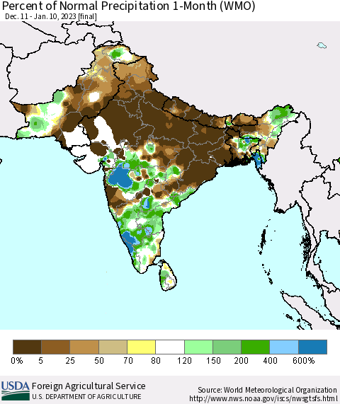 Southern Asia Percent of Normal Precipitation 1-Month (WMO) Thematic Map For 12/11/2022 - 1/10/2023