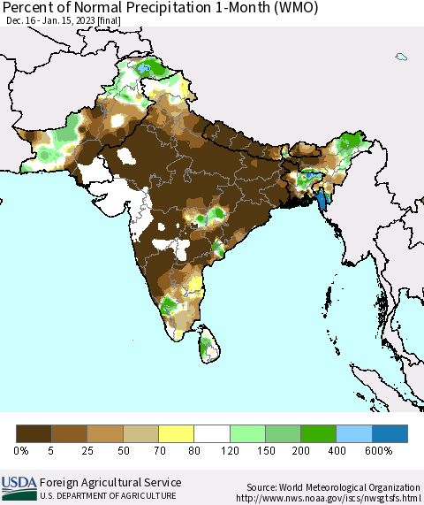Southern Asia Percent of Normal Precipitation 1-Month (WMO) Thematic Map For 12/16/2022 - 1/15/2023