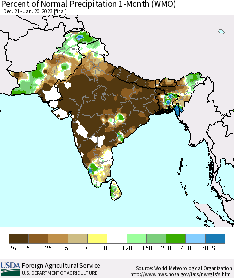 Southern Asia Percent of Normal Precipitation 1-Month (WMO) Thematic Map For 12/21/2022 - 1/20/2023