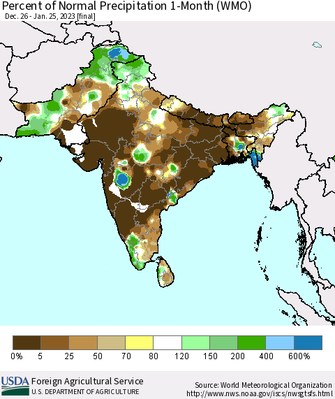Southern Asia Percent of Normal Precipitation 1-Month (WMO) Thematic Map For 12/26/2022 - 1/25/2023