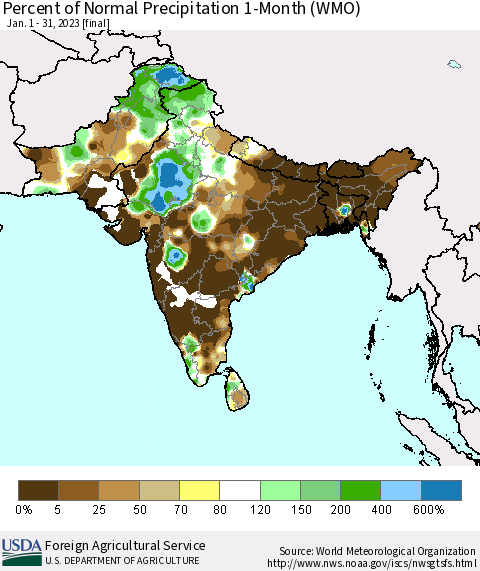 Southern Asia Percent of Normal Precipitation 1-Month (WMO) Thematic Map For 1/1/2023 - 1/31/2023