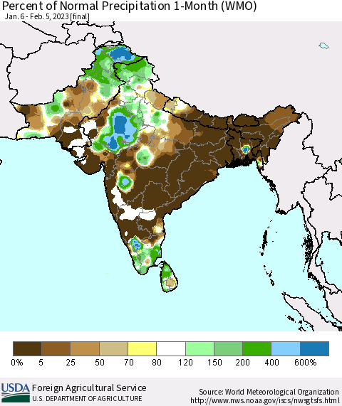 Southern Asia Percent of Normal Precipitation 1-Month (WMO) Thematic Map For 1/6/2023 - 2/5/2023