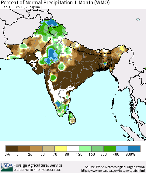 Southern Asia Percent of Normal Precipitation 1-Month (WMO) Thematic Map For 1/11/2023 - 2/10/2023
