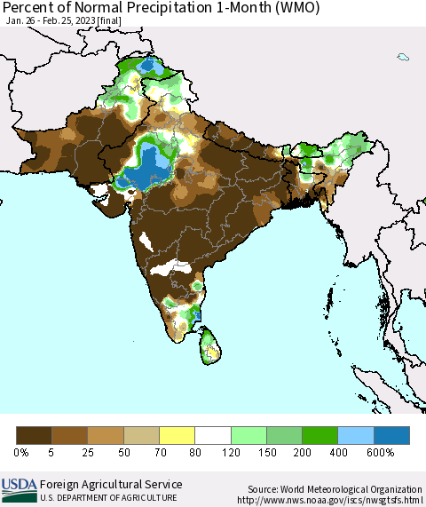 Southern Asia Percent of Normal Precipitation 1-Month (WMO) Thematic Map For 1/26/2023 - 2/25/2023
