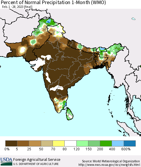 Southern Asia Percent of Normal Precipitation 1-Month (WMO) Thematic Map For 2/1/2023 - 2/28/2023