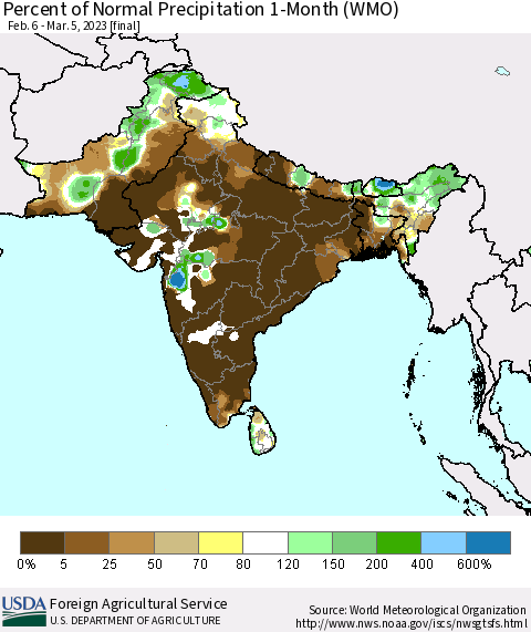 Southern Asia Percent of Normal Precipitation 1-Month (WMO) Thematic Map For 2/6/2023 - 3/5/2023