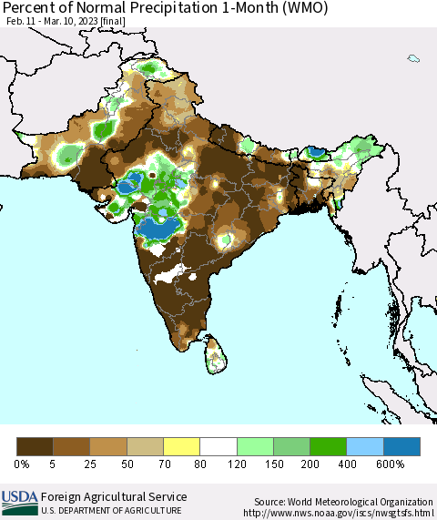 Southern Asia Percent of Normal Precipitation 1-Month (WMO) Thematic Map For 2/11/2023 - 3/10/2023