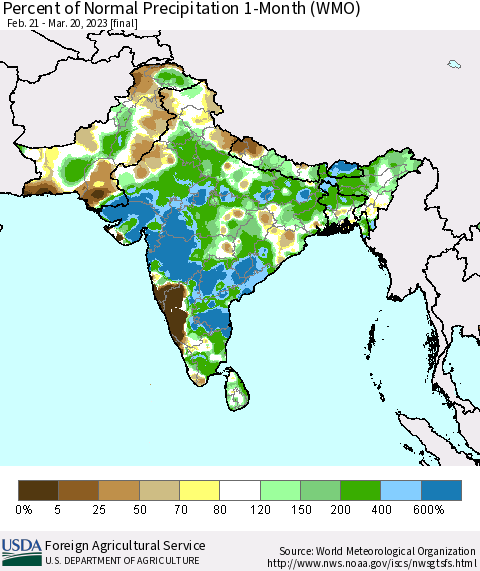 Southern Asia Percent of Normal Precipitation 1-Month (WMO) Thematic Map For 2/21/2023 - 3/20/2023
