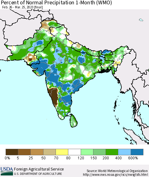 Southern Asia Percent of Normal Precipitation 1-Month (WMO) Thematic Map For 2/26/2023 - 3/25/2023