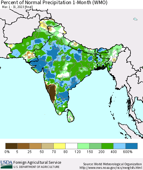Southern Asia Percent of Normal Precipitation 1-Month (WMO) Thematic Map For 3/1/2023 - 3/31/2023