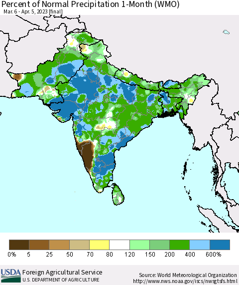 Southern Asia Percent of Normal Precipitation 1-Month (WMO) Thematic Map For 3/6/2023 - 4/5/2023