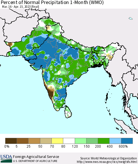 Southern Asia Percent of Normal Precipitation 1-Month (WMO) Thematic Map For 3/16/2023 - 4/15/2023