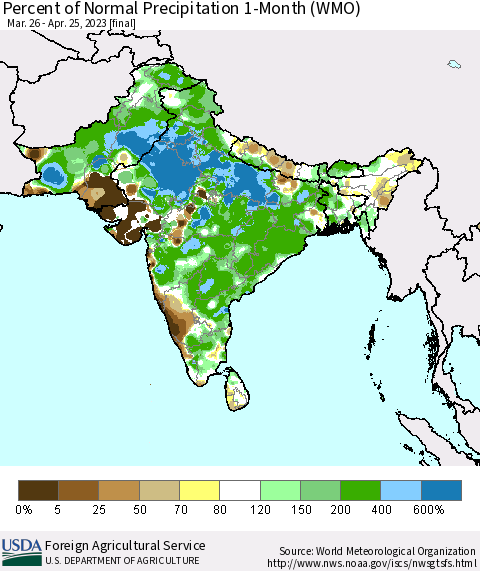 Southern Asia Percent of Normal Precipitation 1-Month (WMO) Thematic Map For 3/26/2023 - 4/25/2023