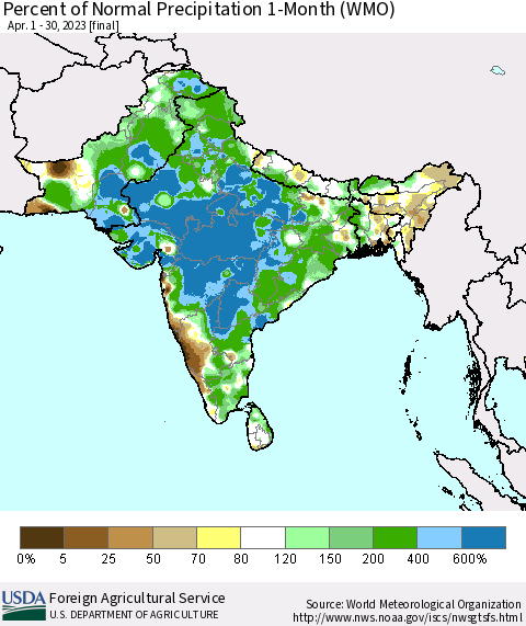 Southern Asia Percent of Normal Precipitation 1-Month (WMO) Thematic Map For 4/1/2023 - 4/30/2023