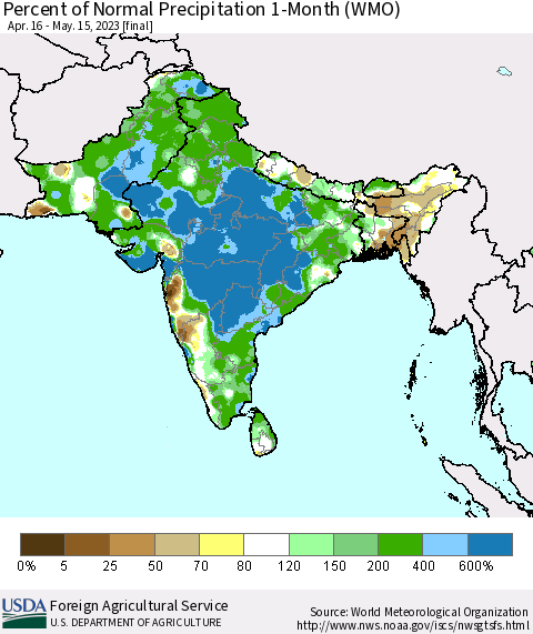 Southern Asia Percent of Normal Precipitation 1-Month (WMO) Thematic Map For 4/16/2023 - 5/15/2023