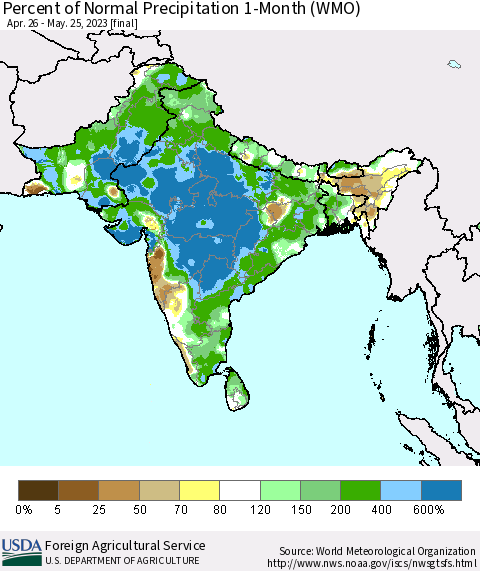 Southern Asia Percent of Normal Precipitation 1-Month (WMO) Thematic Map For 4/26/2023 - 5/25/2023