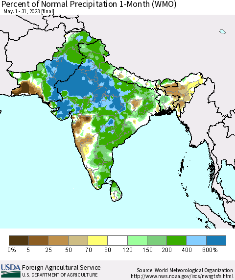 Southern Asia Percent of Normal Precipitation 1-Month (WMO) Thematic Map For 5/1/2023 - 5/31/2023