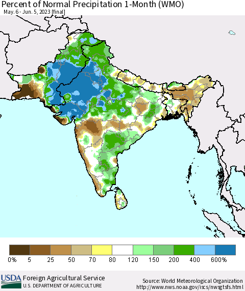 Southern Asia Percent of Normal Precipitation 1-Month (WMO) Thematic Map For 5/6/2023 - 6/5/2023