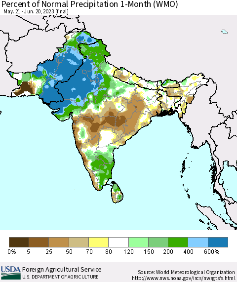 Southern Asia Percent of Normal Precipitation 1-Month (WMO) Thematic Map For 5/21/2023 - 6/20/2023