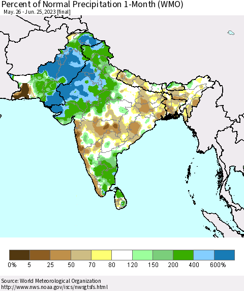 Southern Asia Percent of Normal Precipitation 1-Month (WMO) Thematic Map For 5/26/2023 - 6/25/2023