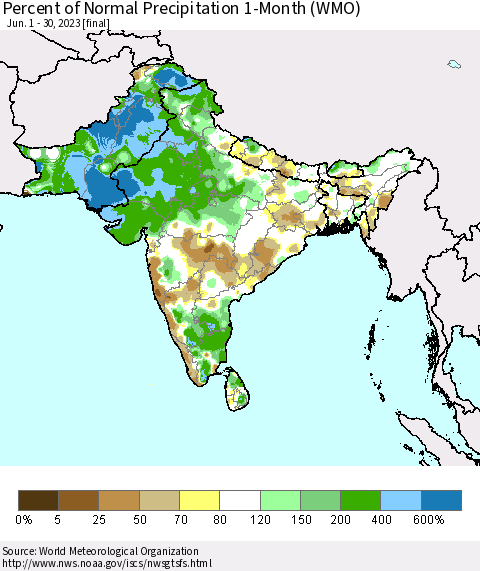Southern Asia Percent of Normal Precipitation 1-Month (WMO) Thematic Map For 6/1/2023 - 6/30/2023