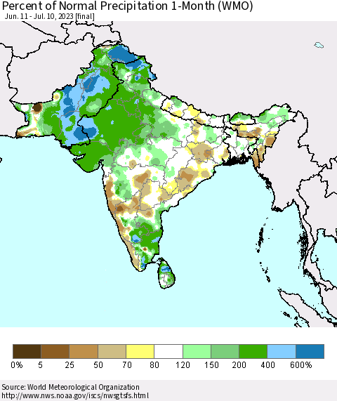 Southern Asia Percent of Normal Precipitation 1-Month (WMO) Thematic Map For 6/11/2023 - 7/10/2023