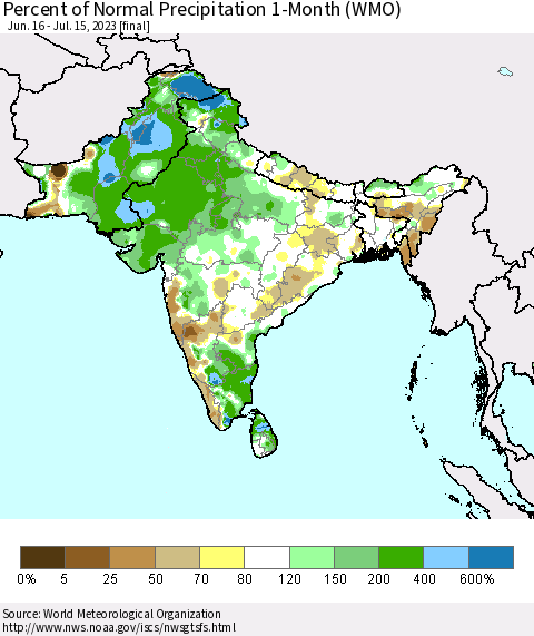 Southern Asia Percent of Normal Precipitation 1-Month (WMO) Thematic Map For 6/16/2023 - 7/15/2023