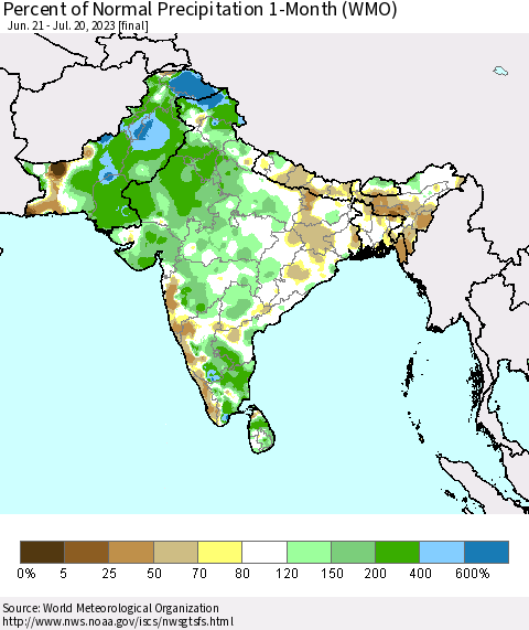 Southern Asia Percent of Normal Precipitation 1-Month (WMO) Thematic Map For 6/21/2023 - 7/20/2023