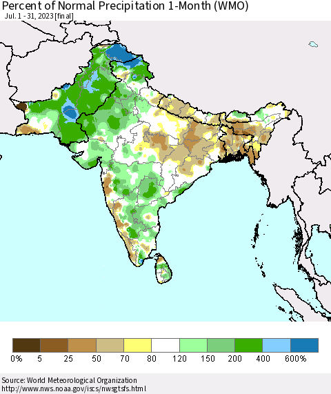 Southern Asia Percent of Normal Precipitation 1-Month (WMO) Thematic Map For 7/1/2023 - 7/31/2023