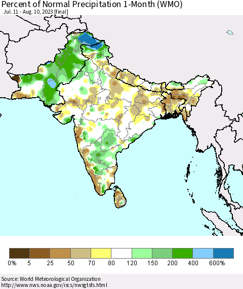 Southern Asia Percent of Normal Precipitation 1-Month (WMO) Thematic Map For 7/11/2023 - 8/10/2023