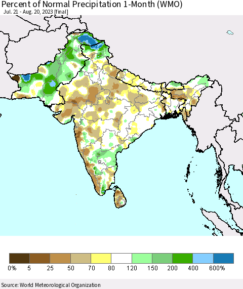 Southern Asia Percent of Normal Precipitation 1-Month (WMO) Thematic Map For 7/21/2023 - 8/20/2023