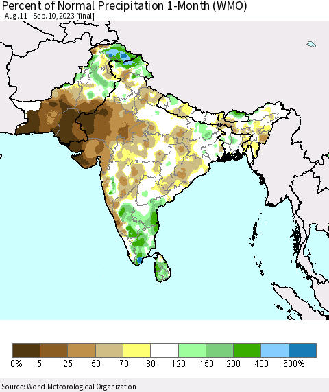 Southern Asia Percent of Normal Precipitation 1-Month (WMO) Thematic Map For 8/11/2023 - 9/10/2023
