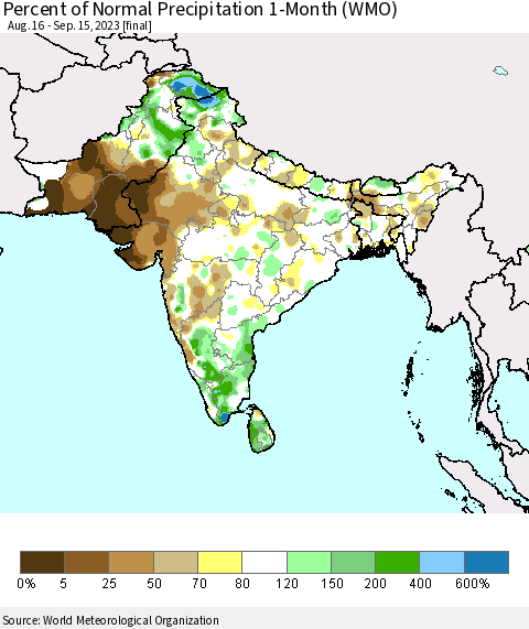 Southern Asia Percent of Normal Precipitation 1-Month (WMO) Thematic Map For 8/16/2023 - 9/15/2023