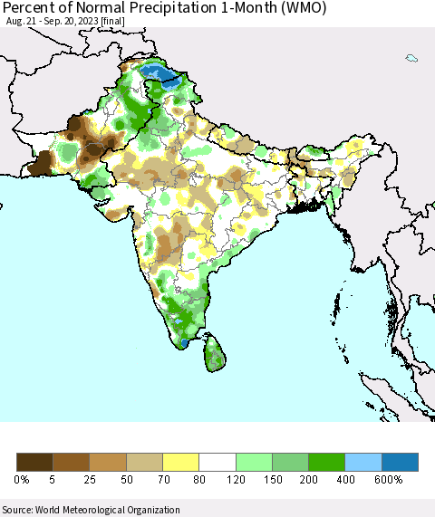 Southern Asia Percent of Normal Precipitation 1-Month (WMO) Thematic Map For 8/21/2023 - 9/20/2023
