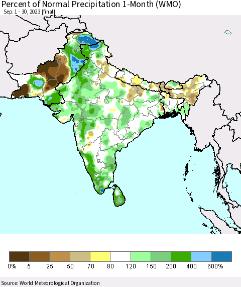 Southern Asia Percent of Normal Precipitation 1-Month (WMO) Thematic Map For 9/1/2023 - 9/30/2023