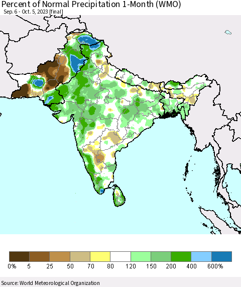 Southern Asia Percent of Normal Precipitation 1-Month (WMO) Thematic Map For 9/6/2023 - 10/5/2023