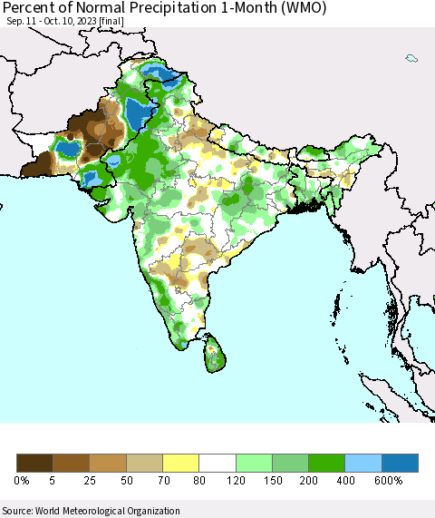Southern Asia Percent of Normal Precipitation 1-Month (WMO) Thematic Map For 9/11/2023 - 10/10/2023