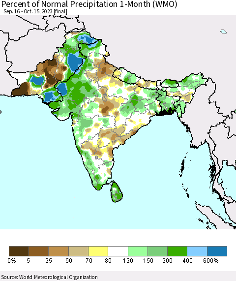 Southern Asia Percent of Normal Precipitation 1-Month (WMO) Thematic Map For 9/16/2023 - 10/15/2023