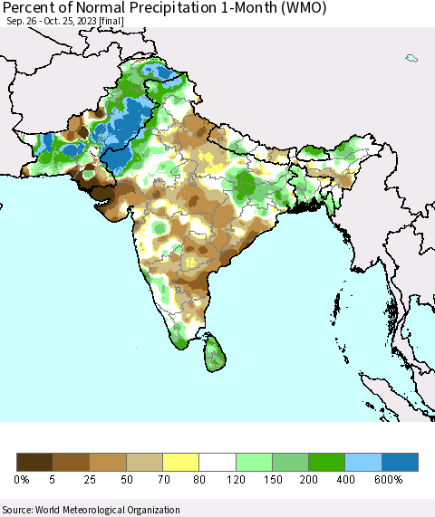Southern Asia Percent of Normal Precipitation 1-Month (WMO) Thematic Map For 9/26/2023 - 10/25/2023