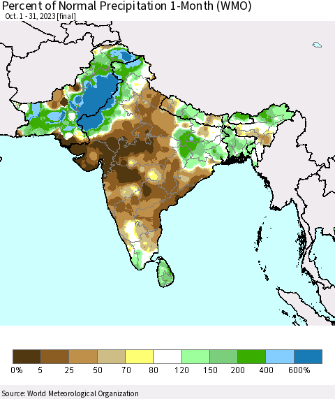 Southern Asia Percent of Normal Precipitation 1-Month (WMO) Thematic Map For 10/1/2023 - 10/31/2023