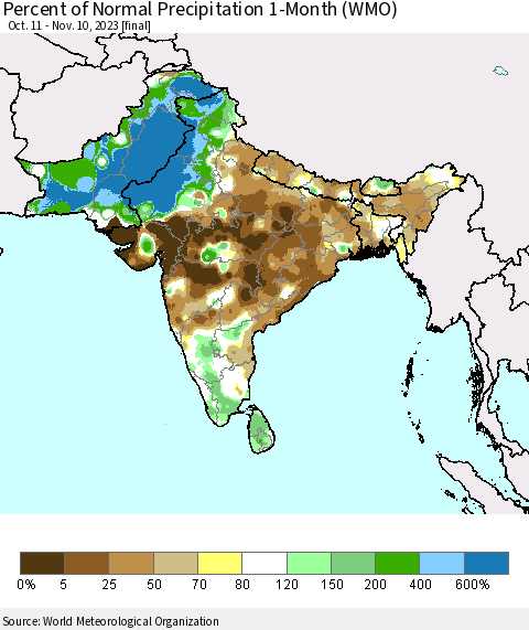 Southern Asia Percent of Normal Precipitation 1-Month (WMO) Thematic Map For 10/11/2023 - 11/10/2023