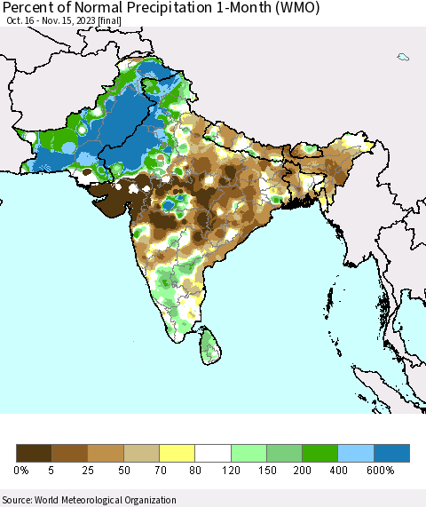 Southern Asia Percent of Normal Precipitation 1-Month (WMO) Thematic Map For 10/16/2023 - 11/15/2023