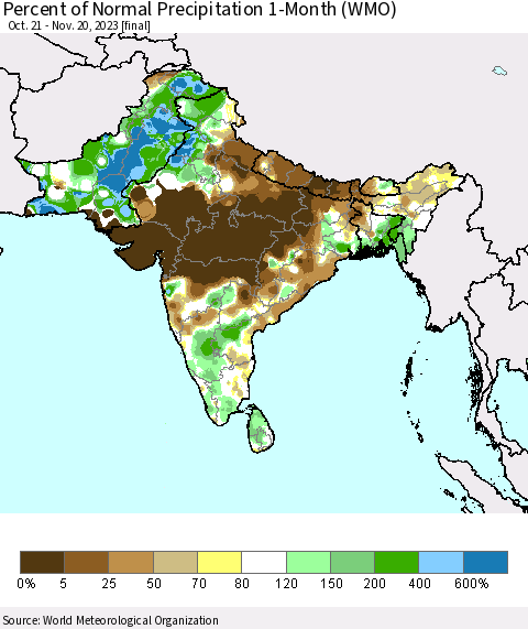 Southern Asia Percent of Normal Precipitation 1-Month (WMO) Thematic Map For 10/21/2023 - 11/20/2023