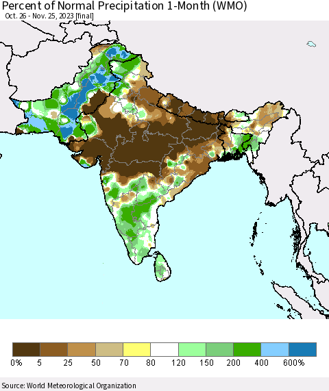 Southern Asia Percent of Normal Precipitation 1-Month (WMO) Thematic Map For 10/26/2023 - 11/25/2023