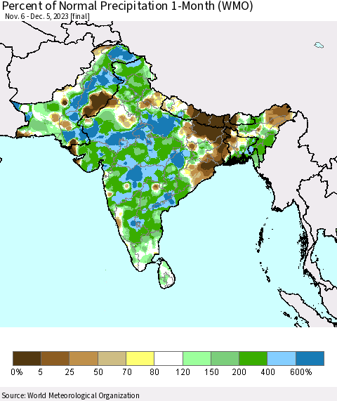 Southern Asia Percent of Normal Precipitation 1-Month (WMO) Thematic Map For 11/6/2023 - 12/5/2023