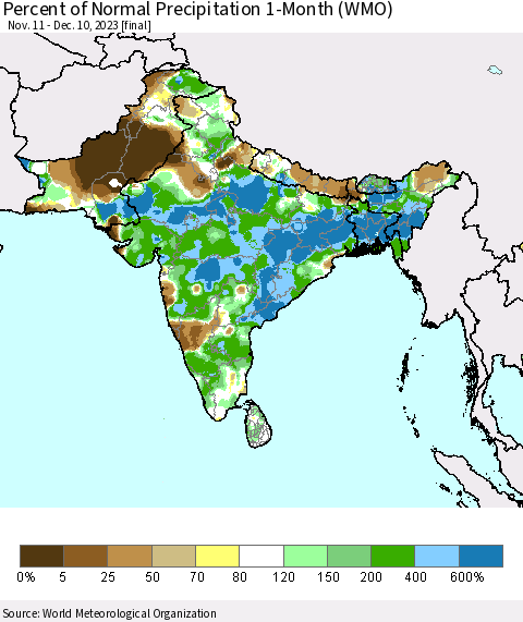 Southern Asia Percent of Normal Precipitation 1-Month (WMO) Thematic Map For 11/11/2023 - 12/10/2023