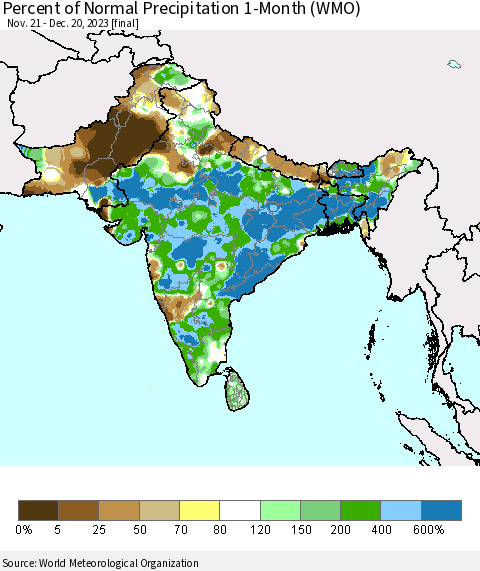 Southern Asia Percent of Normal Precipitation 1-Month (WMO) Thematic Map For 11/21/2023 - 12/20/2023