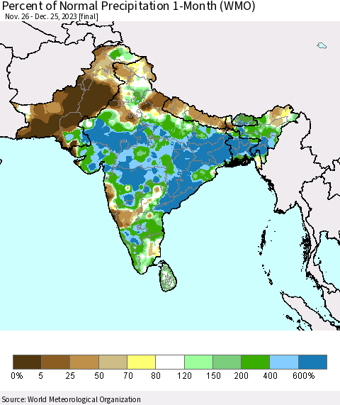 Southern Asia Percent of Normal Precipitation 1-Month (WMO) Thematic Map For 11/26/2023 - 12/25/2023