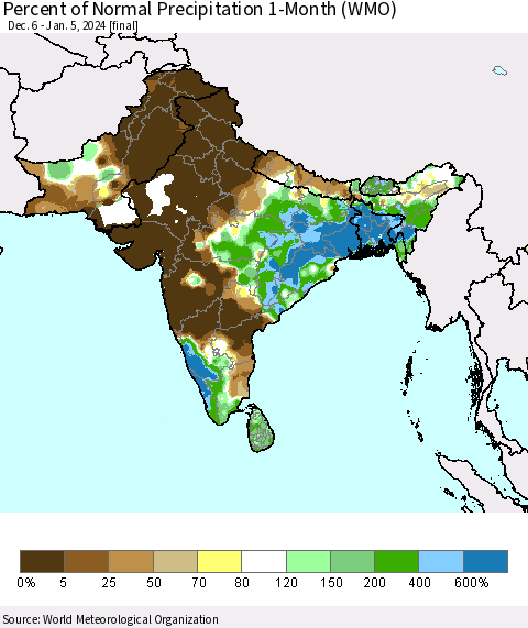 Southern Asia Percent of Normal Precipitation 1-Month (WMO) Thematic Map For 12/6/2023 - 1/5/2024